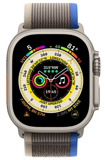 Apple Watch Ultra, 49мм, корпус из титана, ремешок Trail цвета «синий/серый»
